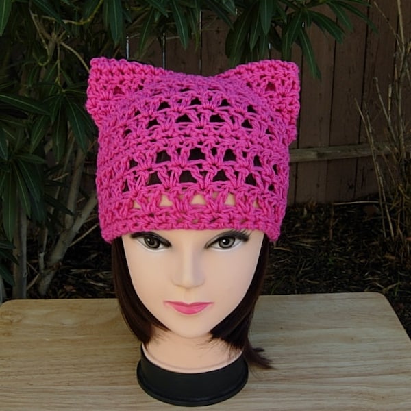 Hot Pink Pussy Cat Hat Summer PussyHat 100% Cotton Lightweight Lace Crochet Knit Solid Thin Soft Beanie, Resist, Ships in 3 Biz Days