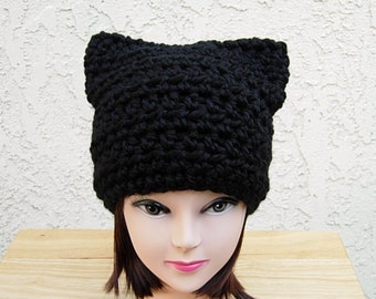 Solid Black Cat Hat with Ears, COLOR OPTIONS, Soft Warm Thick Chunky Bulky Wool Winter Crochet Knit Women's Beanie, Ships in 3 Business Days