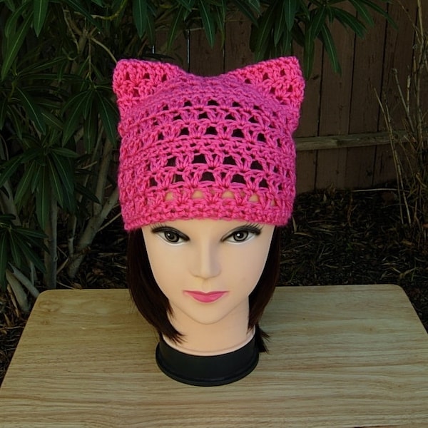 Hot Pink Pussy Cat Hat, Summer Lace PussyHat Lightweight Soft Acrylic Crochet Knit Solid Dark Neon Pink Thin Beanie, Ships in 5 Biz Days