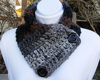 NECK WARMER SCARF Black Gray Grey Dark Brown, Black Buttons Women's Soft Acrylic Crochet Knit Buttoned Cowl Scarflette, Ships in 5 Biz Days