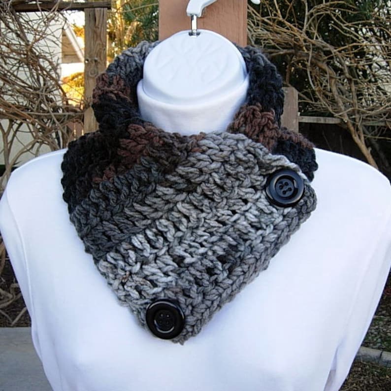 NECK WARMER SCARF Black Gray Grey Dark Brown Black Buttons Etsy