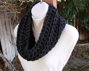 Dark Charcoal Gray Winter Cowl Scarf, Color Options, 30" x 9", Women's Men's Short Wide Crochet Knit Wool Blend Scarf, Ships in 2 Biz Days