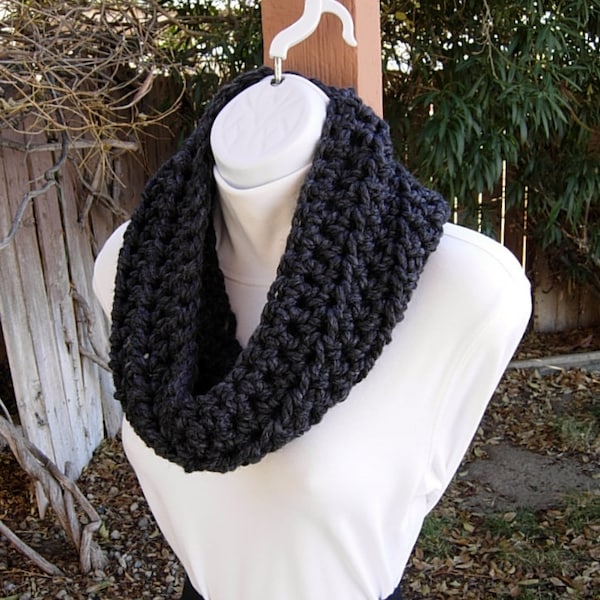 Dark Charcoal Gray Winter Cowl Scarf, Color Options, 30" x 9", Women's Men's Short Wide Crochet Knit Wool Blend Scarf, Ships in 2 Biz Days