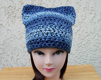 Light and Dark Blue Striped Pussy Cat Hat with Ears, Soft Smooth Acrylic Handmade Crochet Knit Winter Women's Beanie, Ships in 3 Biz Days