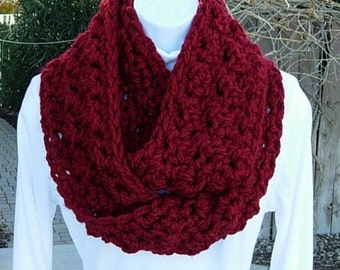 COWL SCARF Infinity Loop Dark Solid Red, Color Options, Crochet Knit Extra Thick Soft Bulky Warm Winter Circle Loop, Ships in 3 Biz Days