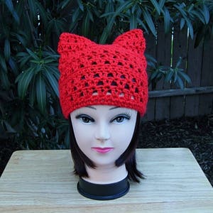 Bright Lipstick Red Pussy Cat Hat, Summer Lacy PussyHat Lightweight Soft Acrylic Crochet Knit Solid Red Thin Beanie, Ships in 5 Biz Days