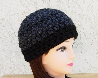 Black & Dark Gray Beanie Hat, Soft Chunky Thick Wool Blend Warm Winter Women's Men's Knit Two-Toned Striped Skull Cap, Ships in 3 Biz Days
