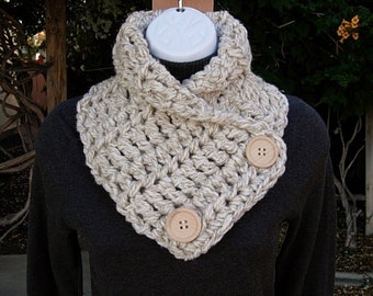 Chunky NECK WARMER SCARF Oatmeal Soft Thick Acrylic Crochet Knit Buttoned Winter Cowl, Large Wood Buttons, Off White & Beige, Ready to Ship