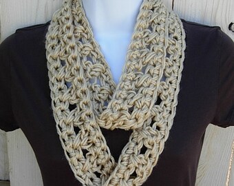 SUMMER SCARF Small Cowl Infinity Loop, Beige Light Solid Natural Tan, Soft Lightweight Crochet Knit Circle Necklace, Ships in 5 Biz Days