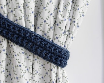 Blue Curtain Tiebacks Tie Backs Set, Color Options, One Pair of Solid Medium Denim Blue Drapery Drapes Holders, Crochet Knit, Basic Simple