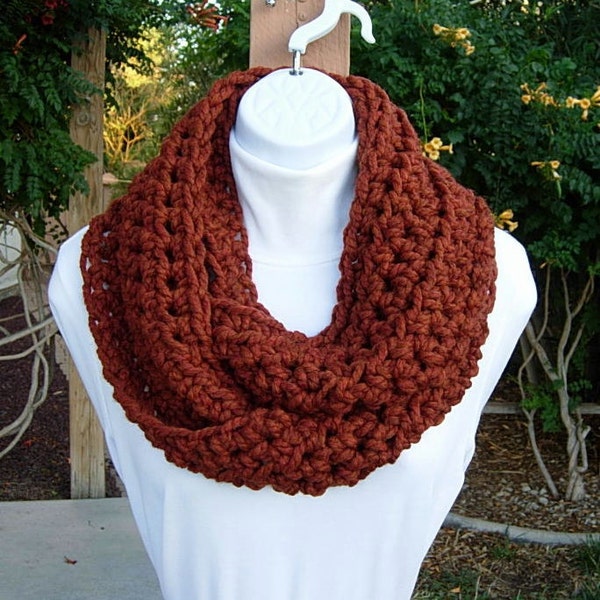 Infinity Scarf Loop Cowl Dark Burnt Orange Rust Spice, Soft Wool Blend, Lightweight Crochet Knit Winter Eternity, Ships in 2 Biz Days