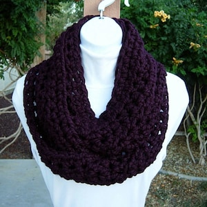 COWL SCARF Infinity Loop Solid Dark Eggplant Purple, Thick, Soft Wool Blend Crochet Knit Winter Circle, Neck Warmer, Ships in 2 Biz Days