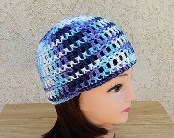 Blue, White, Purple Summer Beanie 100% Cotton Lacy Skull Cap, Women's Men's Crochet Knit Hat, Lightweight Chemo Cap, Ships in 5 Biz Days