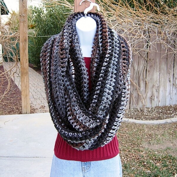 Giant Crochet Knit Winter INFINITY SCARF Extra Large Long Wide Loop Cowl, Men's Women's Black, Gray, Dark Brown Striped Soft, Oversized, Big