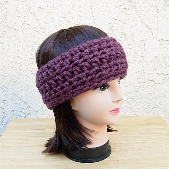 CROCHET HEADBAND Ear Warmer Solid Fig Purple Thick Chunky  display picture 3