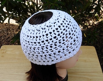 Solid Bright White Summer Messy Bun Beanie, 100% Cotton Lacy Airy Women's Crochet Knit Ponytail Hat Lightweight Cap, Ships in 5 Biz Days