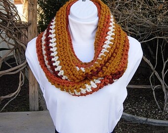 Women's Colorful OOAK INFINITY SCARF Loop Cowl, Dark & Bright Burnt Orange, Gold Yellow, Off-White Cream, Thick Wool Blend, Ready to Ship
