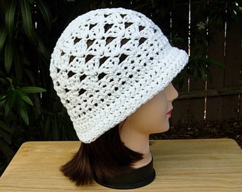 Solid Basic White Summer Beach Sun Hat with Brim, 100% Cotton Lacy Cloche, Women's Crochet Knit Beanie, Bucket, Cap, Ships in 5 Biz Days