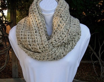 Oatmeal INFINITY SCARF Cowl Loop, Natural Beige Tweed, Thick Soft Wool Blend Crochet Knit Endless Winter, Neck Warmer, Ships in 3 Biz Days