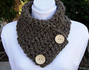 NECK WARMER SCARF Taupe Grey Gray Brown Tweed, Color Options, Wool Acrylic Blend, Natural Wood Buttons, Winter Cowl, Ships in 5 Biz Days