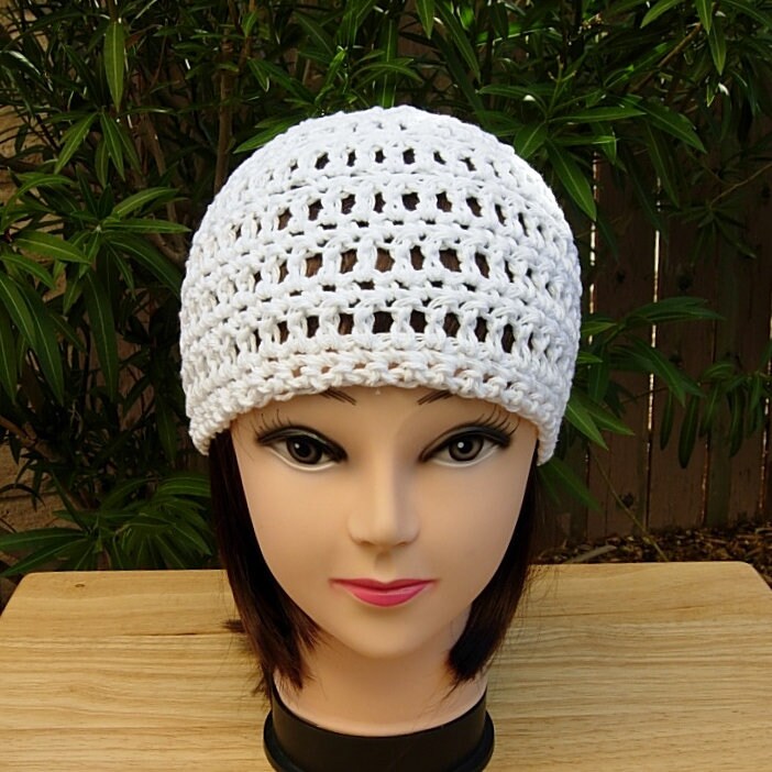 Solid Basic Bright White Summer Beanie, 100% Cotton Lace