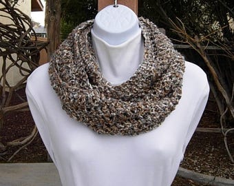 INFINITY COWL SCARF Cream White, Brown, & Gray, Soft Short Lightweight Winter Crochet Knit Circle Loop, Color Options, Ships in 5 Biz Days