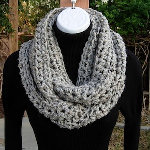 Women&#39;s INFINITY SCARF, Light Gray Loop Cowl, Grey Tweed, 100% Acrylic Crochet Knit Soft Winter Bulky Wrap, Lightweight, Ships in 5 Biz Days