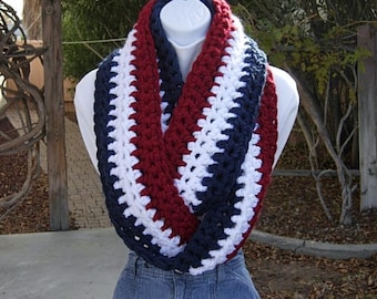 Red, White and Blue INFINITY SCARF, Chunky Loop Cowl, Bulky Long Winter Crochet Knit Striped, Extra Soft, Patriotic, Ships in 5 Biz Days