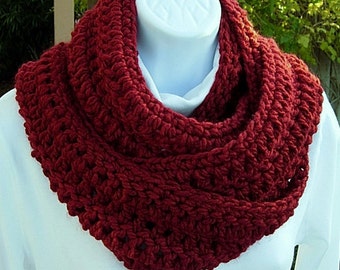 COWL SCARF Winter Infinity Loop Dark Solid Red, Color Choice, Extra Long Soft Bulky Warm Winter Crochet Knit Circle, Ships in 5 Biz Days