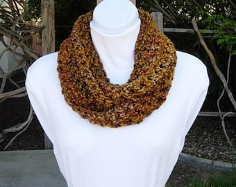 Gold, Rust, & Brown Small CROCHET INFINITY SCARF Loop Cowl, Thick Chunky Soft Short Winter Women's Circle Endless Knit, Ships in 3 Biz Days