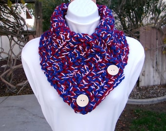Large Thick NECK WARMER SCARF, Royal Blue, Dark Red, Light Pink, Soft Acrylic Crochet Knit Buttoned Cowl, Wood Buttons, Ships in 5 Biz Days