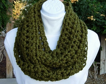 Cowl Scarf Infinity Loop, Dark Solid Olive Military Green, Thick Soft Wool Blend Crochet Knit Winter Endless Circle, Ships in 3 Biz Days