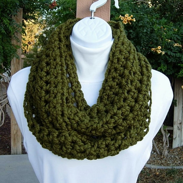 Cowl Scarf Infinity Loop, Dark Solid Olive Military Green, Thick Soft Wool Blend Crochet Knit Winter Endless Circle, Ships in 3 Biz Days