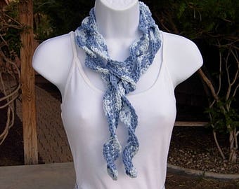 Faded Denim Blue Skinny SUMMER SCARF Small 100% Cotton Spiral Crochet Knit Narrow Lightweight Warm Weather Scarf, Ships in 5 Biz Days