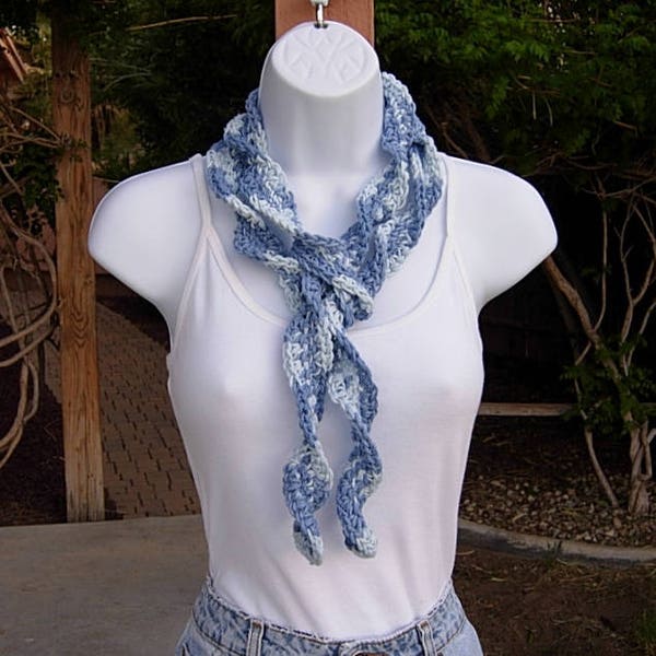 Faded Denim Blue Skinny SUMMER SCARF Small 100% Cotton Spiral Crochet Knit Narrow Lightweight Warm Weather Scarf, Ships in 5 Biz Days