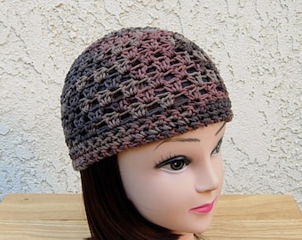 Dark Brown & Rust 100% Cotton Lacy Summer Beanie, Women's Men's Lightweight Hat, Chemo Cap, Crochet Knit Lace Skullcap, Ships in 5 Biz Days