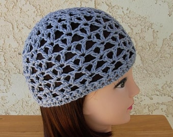 Light Gray Blue Summer Mesh Beanie Hat, Soft 100% Cotton Lacy Openwork Skull Cap, Women's Men's Crochet Knit Net Cap, Ships in 5 Biz Days