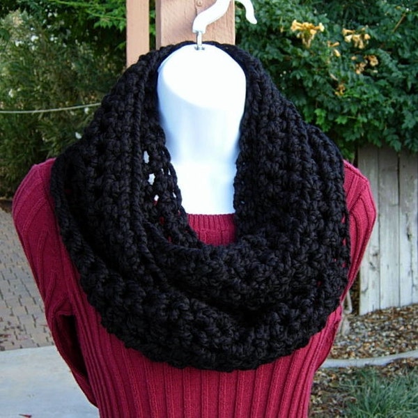 INFINITY SCARF Loop Cowl, Solid Black, Bulky Soft Wool Blend, Handmade Crochet Winter Circle Endless, Neck Warmer, Ships in 3 Biz Days