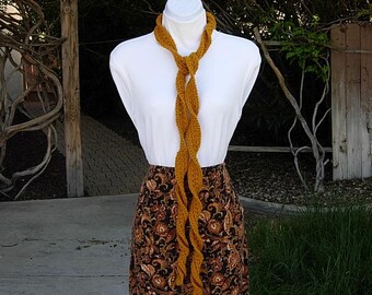 Dark Yellow Gold Skinny SUMMER SCARF Women's Small Soft Spiral Twisted Crochet Knit Narrow Lightweight Acrylic Neck Tie, Ships in 2 Biz Days