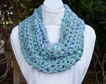 Light Blue CROCHET INFINITY SCARF Loop Cowl, Aqua & Denim Blues, Thick Soft Acrylic Winter Chunky Bulky Knit Circle, Ships in 5 Biz Days