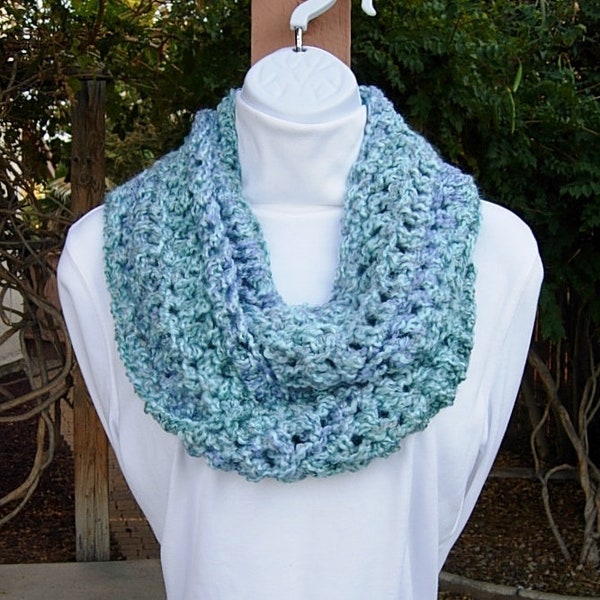 Light Blue CROCHET INFINITY SCARF Loop Cowl, Aqua & Denim Blues, Thick Soft Acrylic Winter Chunky Bulky Knit Circle, Ships in 5 Biz Days