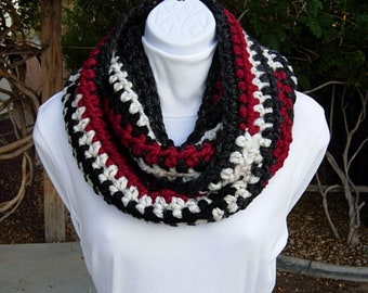 OOAK Dark Gray, Black, Off White, & Red INFINITY SCARF Loop Cowl, Women's Men's Bulky Wool Blend Winter Striped Crochet Knit, Ready to Ship