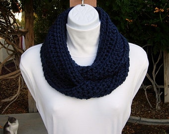 Women's Dark Solid Blue Small Petite INFINITY SCARF Loop Cowl, Extra Soft Acrylic Short Skinny Winter Navy Crochet Knit, Ships in 3 Biz Days