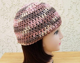 Desert Rising Summer Beanie Hat, Brown, Orange, Sand Beige, Soft 100% Cotton Crochet Knit Lightweight Women's Skull Cap, Ships in 5 Biz Days
