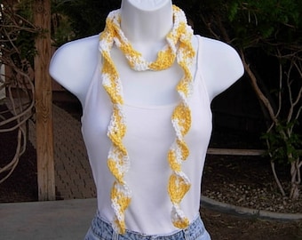 Yellow and White Skinny SUMMER SCARF Small Cotton Spiral Twisted Narrow Lightweight Women's Crochet Knit Necklace, Ships in 2 Biz Days