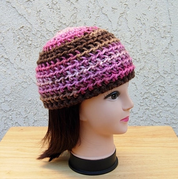 Dark Brown, Hot & Light Pink Crochet Beanie Hat Soft Acrylic  display picture 1