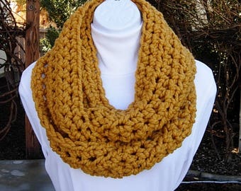 Mustard INFINITY LOOP SCARF, Solid Gold Dark Yellow Cowl, Soft Wool Blend Crochet Knit Winter Circle, Neck Warmer, Ships in 3 Biz Days