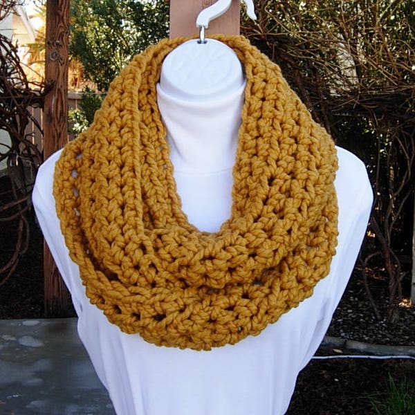 Mustard Infinity Scarf, Solid Gold Dark Yellow Loop Cowl, Soft Wool Blend Crochet Knit Winter Circle Women's Men's, Ships in 2 Business Days