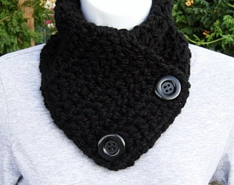 NECK WARMER SCARF Basic Solid Black w/ Black Buttons Super Soft 100% Acrylic Crochet Knit Buttoned Cowl Scarflette, Ships in 5 Business Days