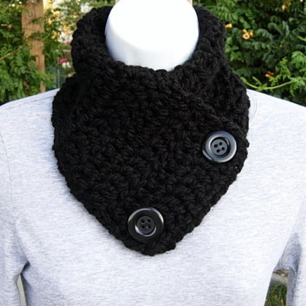 NECK WARMER SCARF Basic Solid Black w/ Black Buttons Super Soft 100% Acrylic Crochet Knit Buttoned Cowl Scarflette, Ships in 5 Business Days